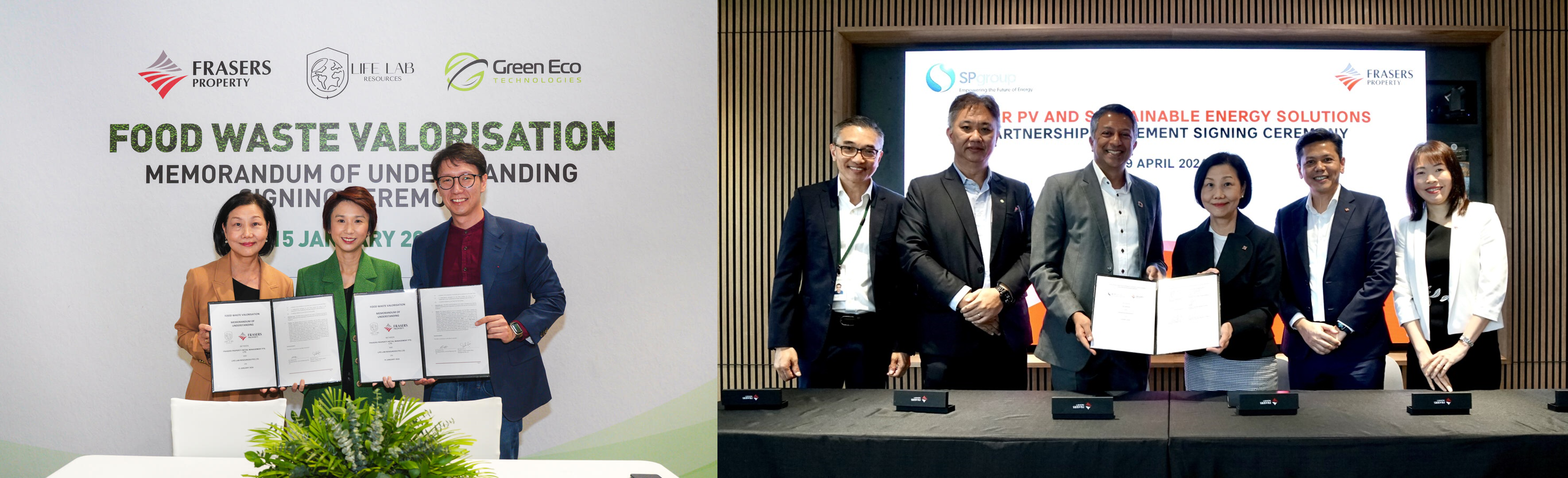 A collage of images taken at signing ceremonies between Frasers Property Singapore and its partners
