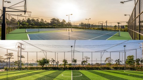 Collage of a tennis court and football yard at sunset