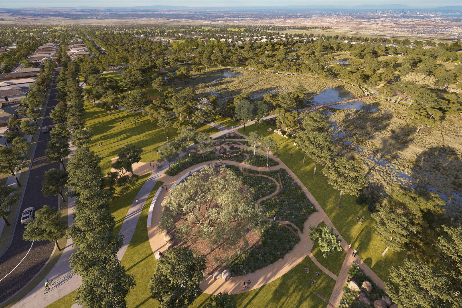 Artist's impression of Riverside at The Grove, with 11 ha of wetlands and open spaces.
