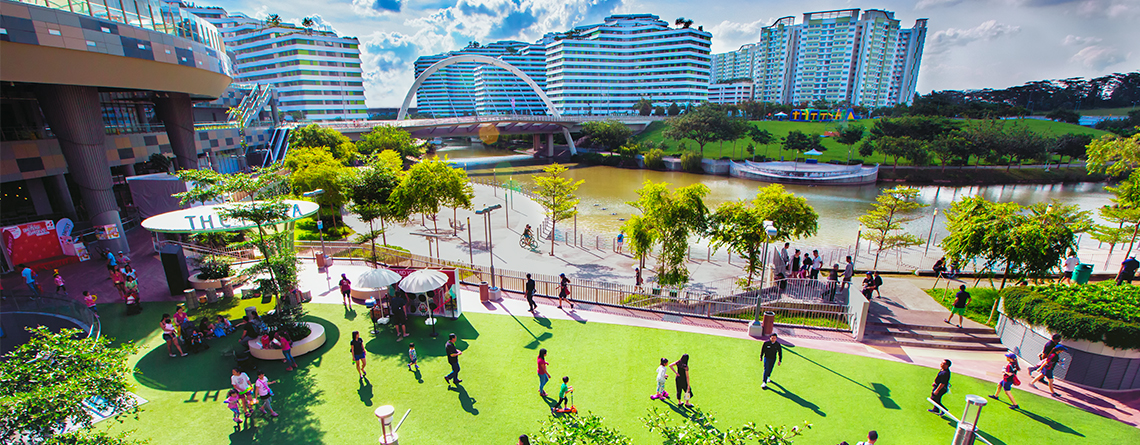 View from The Plaza at Waterway Point where community events like picnics and performances take place.