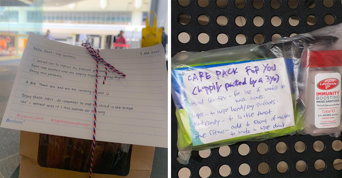 From left: Cakes received by queue management staff at Eastpoint Mall, and care package received by security staff from White Sands.