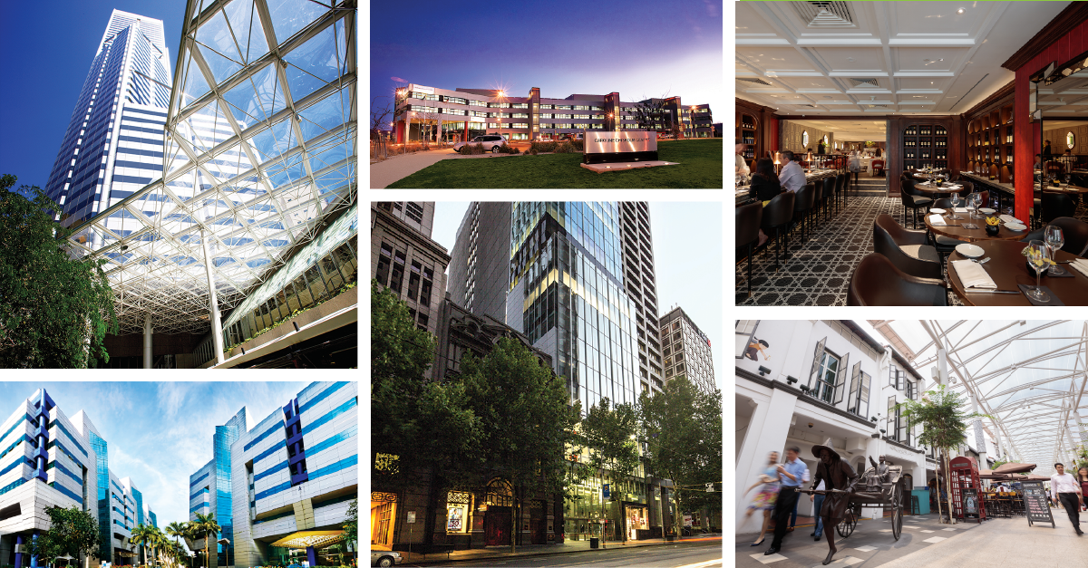 Central Park, Caroline Chrisholm Centre, 55 Market Street, China Square Central, 357 Collins Street and Alexandra Technopark (from top left in clockwise direction). FCOT offers an exposure to high quality commercial properties in Singapore and Australia.