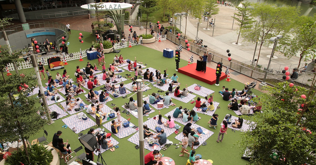   View from The Plaza at Waterway Point where community events like picnics and performances take place. 