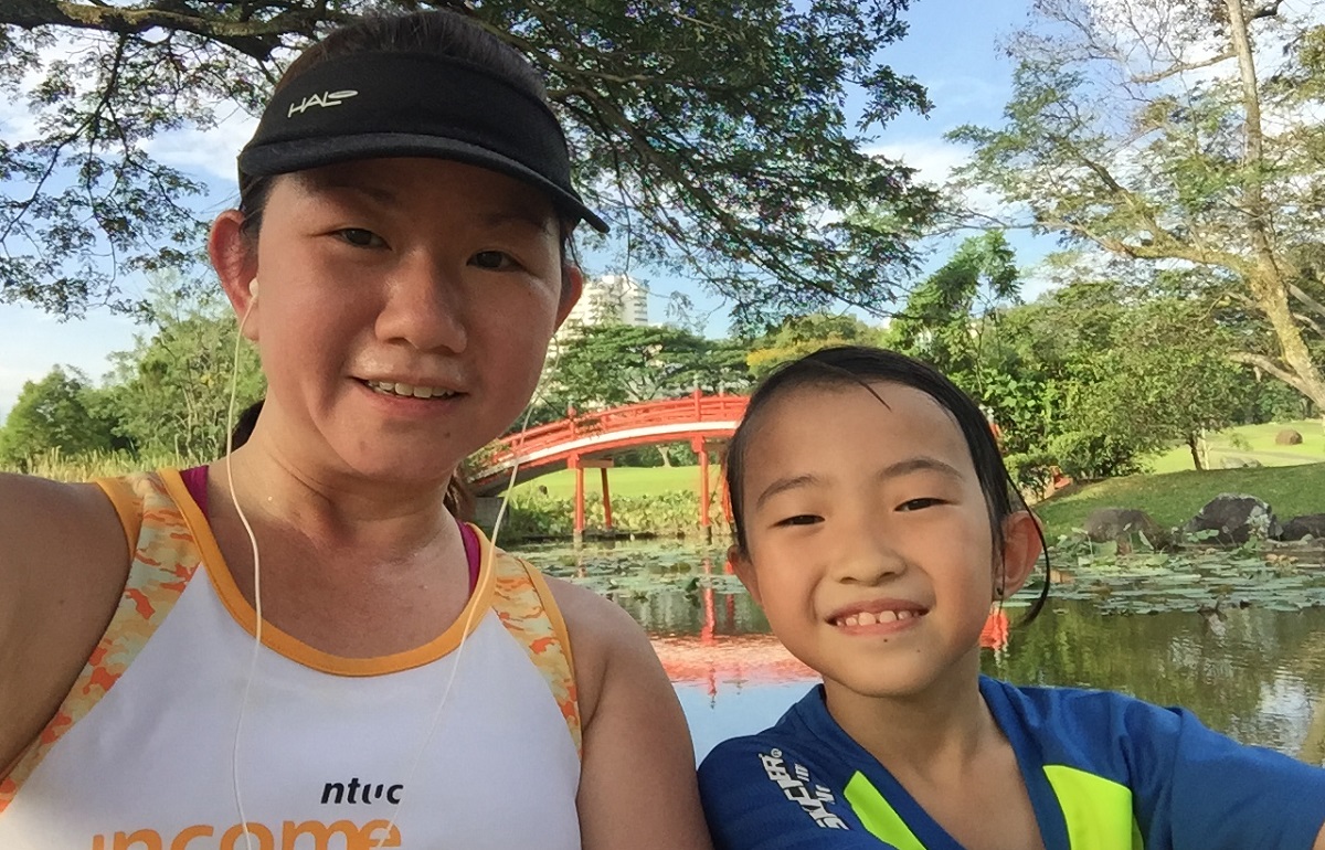 Chiu Shan and her youngest daughter, sweating it out after a family walk/jog.