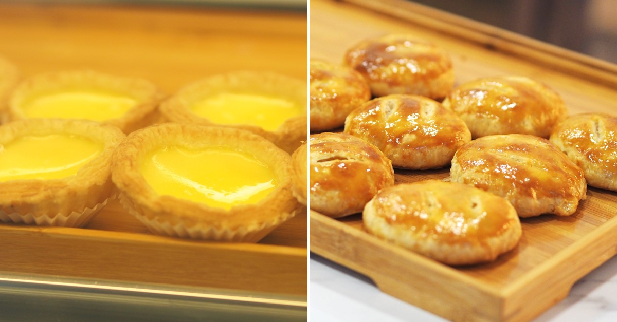 Left to right: Crispy egg tarts and traditional wife biscuits with winter melon paste are made fresh daily at the bakery.