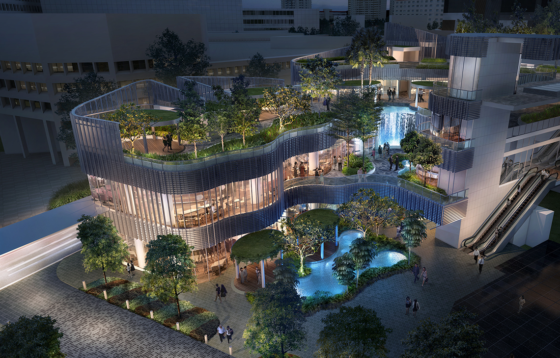 Artist’s Impression. The Oasis at Frasers Tower is a three-storey podium with a roof garden and houses exciting F&B concepts within lush planting and cooling water features.