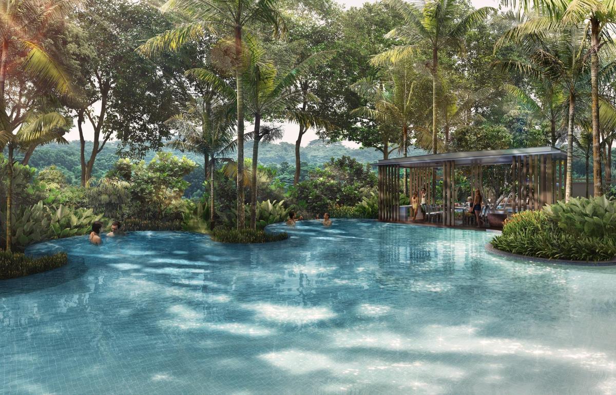 Artist’s impression of water recreational areas which include a beach pool, lagoon pool, spa alcove, and a 50m lap swimming pool.