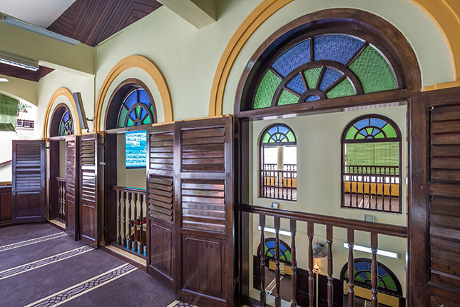 French louvred windows in the prayer hall of Al-Abrar Mosque. (Source: roots.sg)
